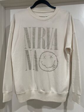 abercrombie kids Cream Crewneck with Glitter Nirvana Graphic